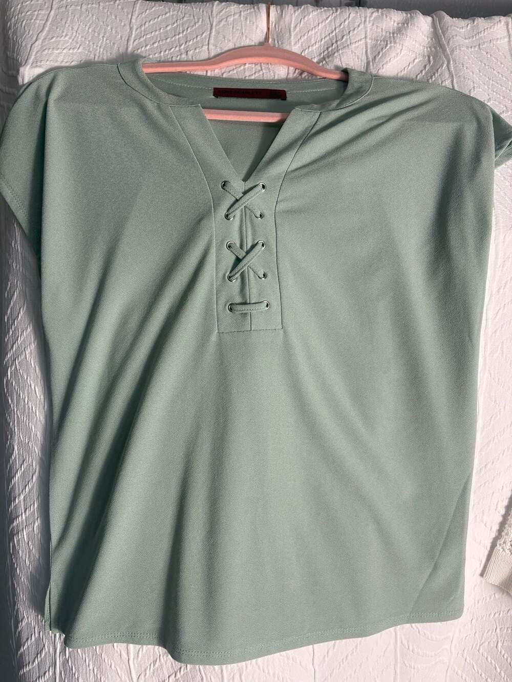 Love Scarlett Blouse Size S Sage Green Lace-Up V-Neck Short Sleeve Top